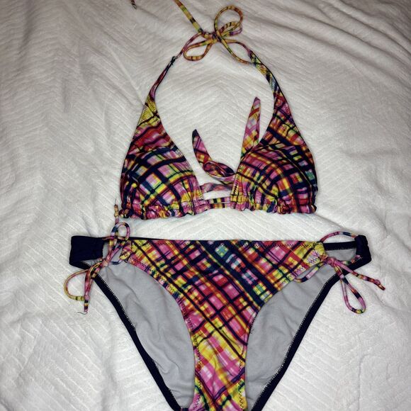 Large Bikini Set Reversible Halter Top Colorful Plaid Tie-Side Bottoms - Picture 1 of 10